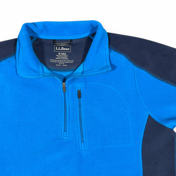 LL Bean Sweater Adult MEDIUM Blue Fleece Colorblock 1/4 Quarter Zip Pullover - Picture 2 of 8